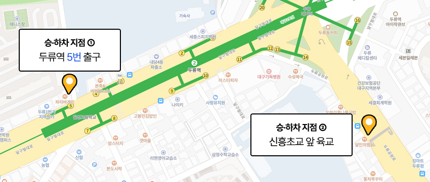 빨강색선(503) : 계명대학교-조달청-달성고-두류네거리-대구가톨릭대학교병원-안지랑네거리-영대병원네거리-반월당-중앙로역-경대교-경대정문-복현네거리-엑스코-산격대교, 연두색선(623) : 대곡역-월성네거리-서부정류장-대구가톨릭대학교병원-두류네거리-서구청-중앙로역-경대교-연암네거리-복현오거리-성광고등학교, 하늘색선(순환3, 순환3-1) : 범물1동 주민센터-황금고가교-남부정류장-복현네거리-복현오거리-산격중-침산교-노원네거리-만평네거리-북부정류장-대구가톨릭대학교병원-영대병원네거리-중동교, 보라색선(서구1, 서구1-1) : 상리동-중리네거리-달서초교-만평네거리-노원네거리-북비산네거리-내당역-대구가톨릭대학교병원-서부정류장-본리초교-대구의료원-서대구공단 노선안내